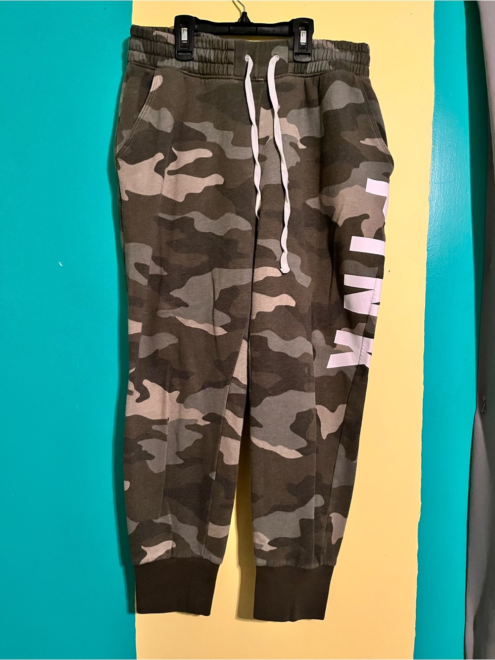 PINK Victoria's Secret Olive Camo Joggers with Pink Logo